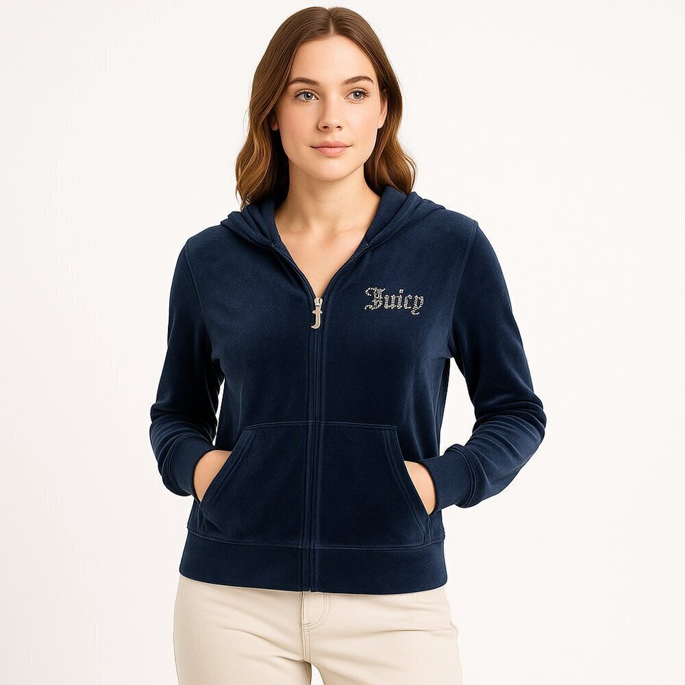 Juicy Couture Velour Rhinestone Zip Hoodie Y2K Navy Blue Gothic J Zipper Pull L